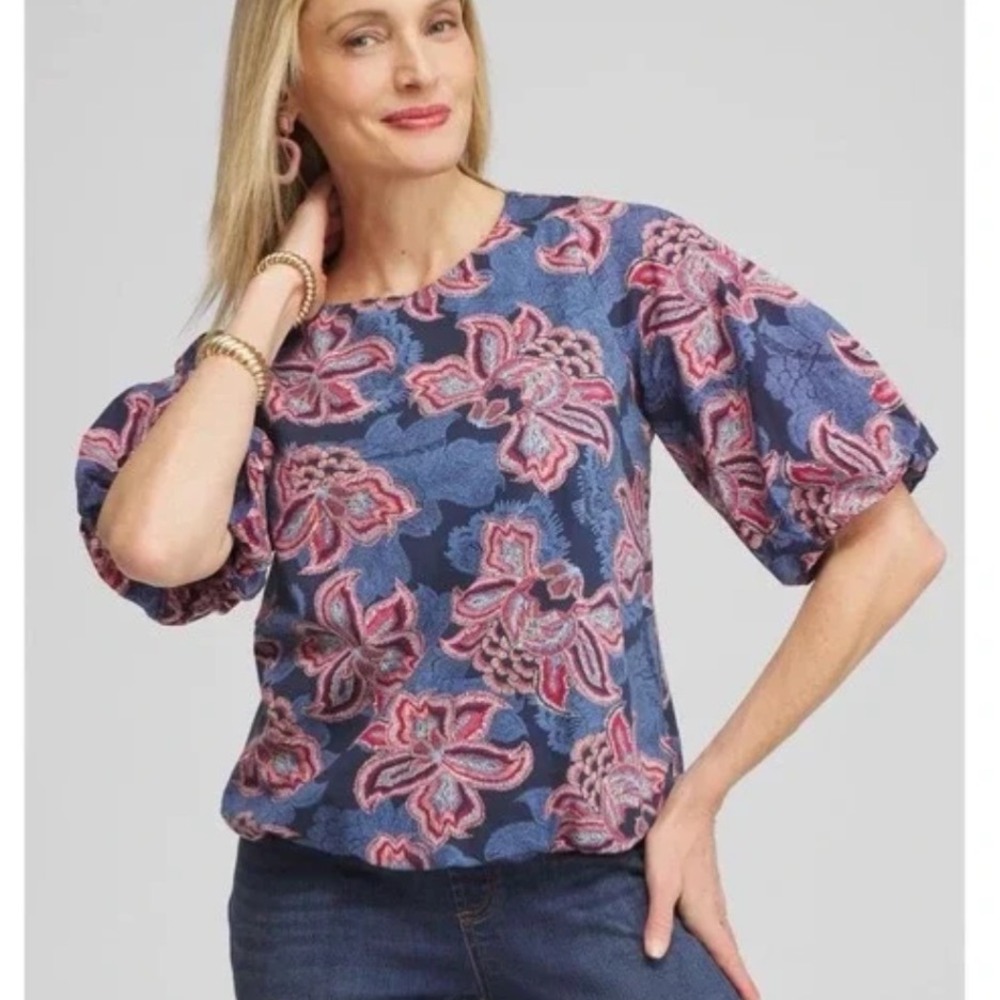 Chicos Floral‎ Puff Sleeve Blouse Size Large Blue Pink Textured Top Short Sleeve